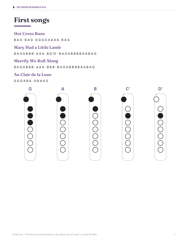 Preview of Printable Recorder Beginner Songs PDF