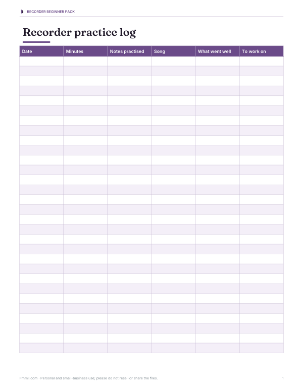Preview of Printable Recorder Practice Log